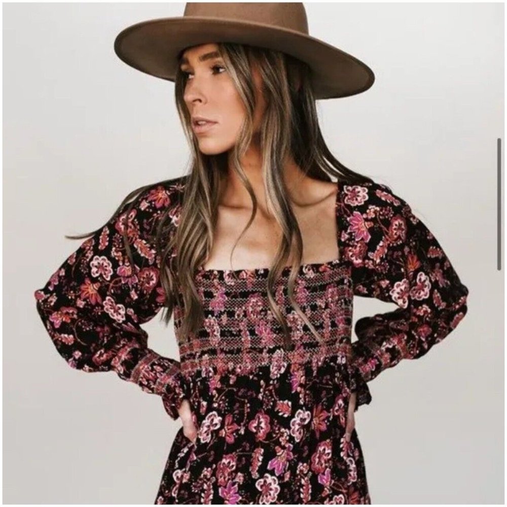 Free People Sweet Escape Maxi Dress Square Neck  Floral Black Sz M $168 Prairie